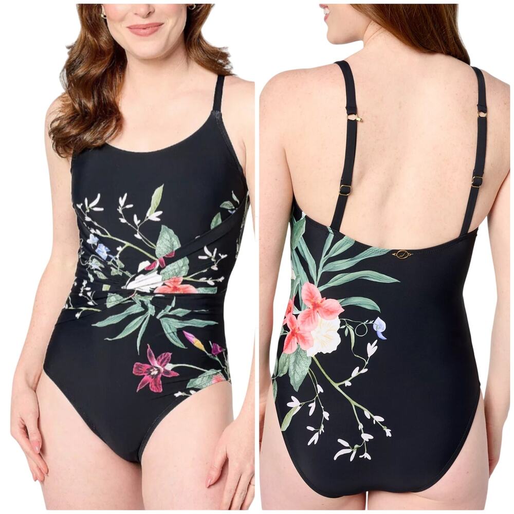 Jantzen NWT Mio Tummy Control Underwire One Piece Swimsuit Black Floral Size 22W